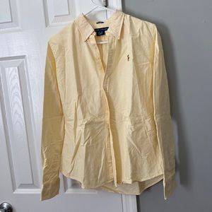 Ralph Lauren slim fit women’s button down, size 10, yellow/white pin stripped